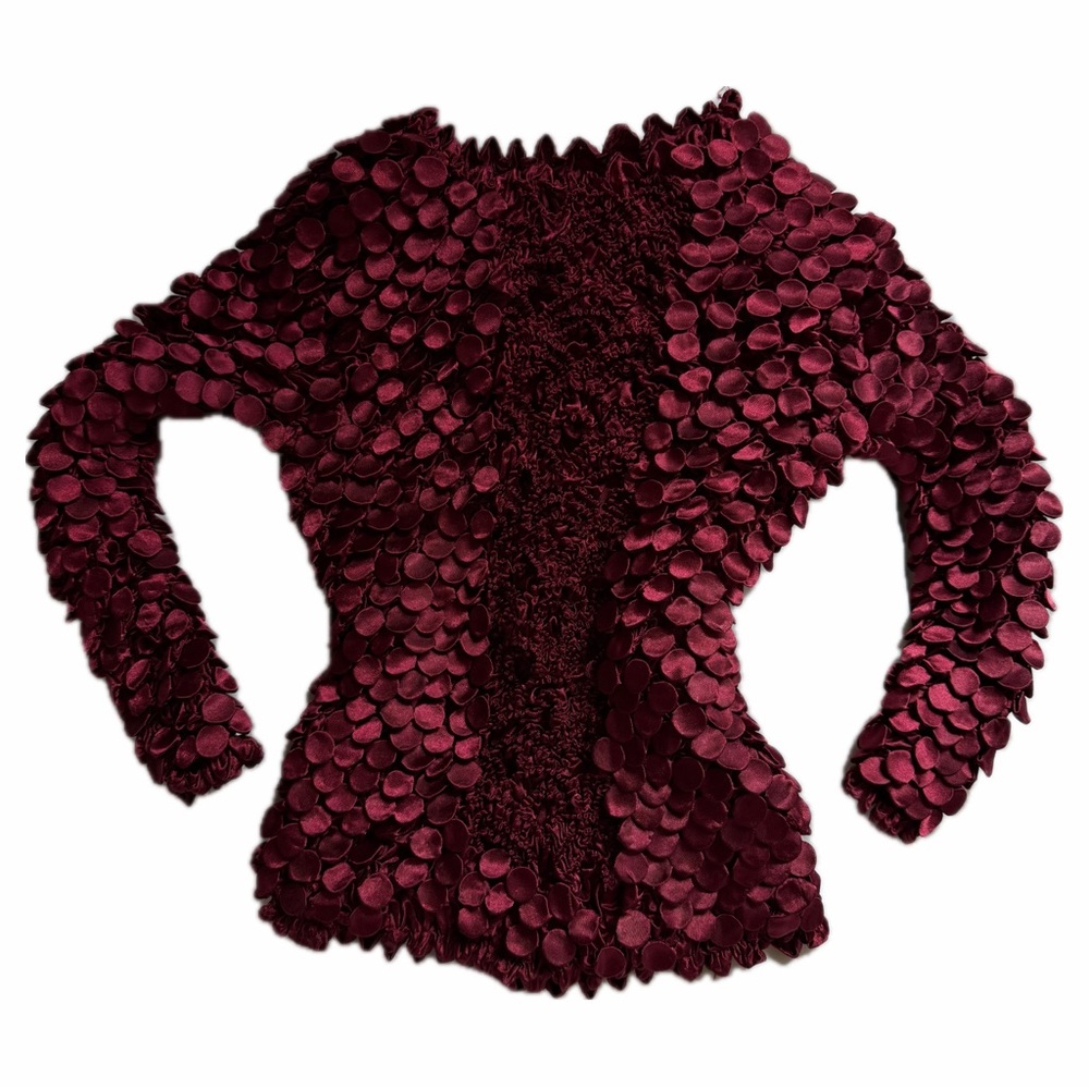 Red Satin Smocked 3D Textured Bubble Top Statement Blouse